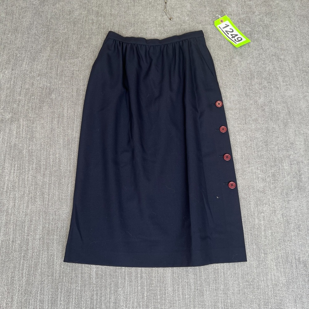 Vintage Yung Lee A-line Skirt Womens 8 Navy Blue Wool Pleated Career Side Button